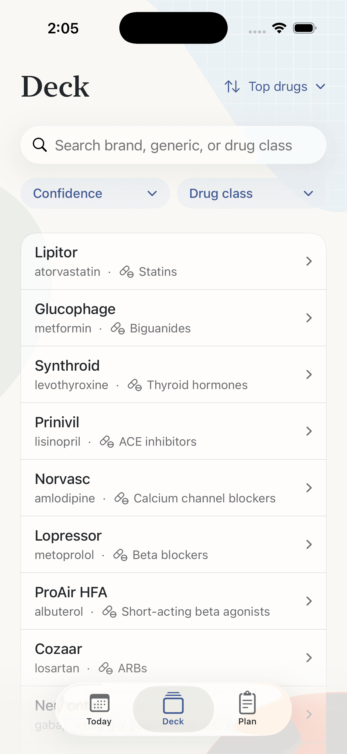 RxRecall Deck screen with searchable brand names, generic names, and drug classes