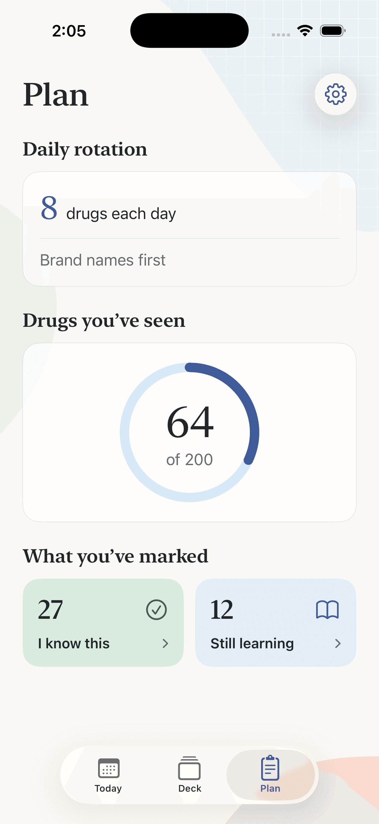 RxRecall Plan screen showing a daily pace of 8 drugs, progress through the Top 200, and I know this and Still learning counts