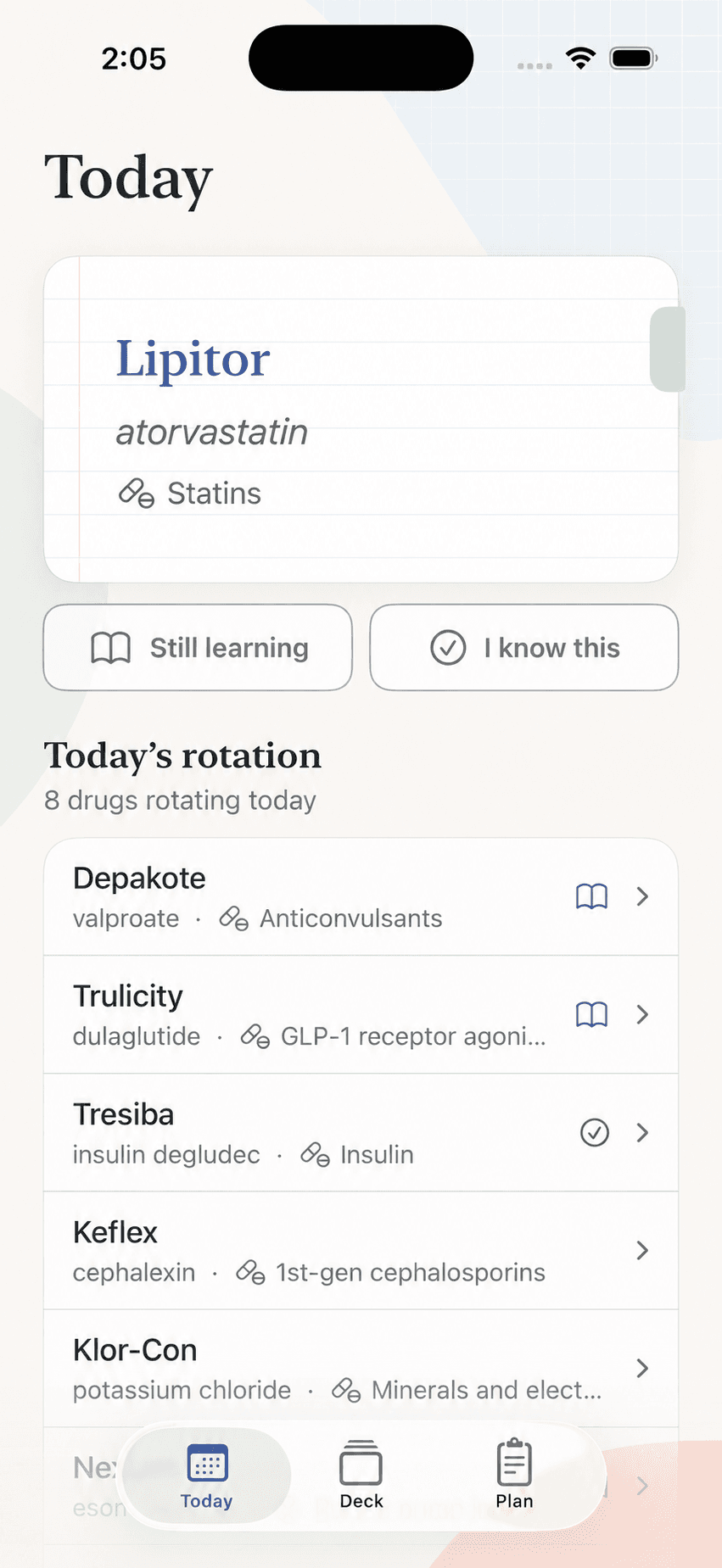 RxRecall Today screen showing the Lipitor and atorvastatin flashcard, confidence controls, and daily drug rotation